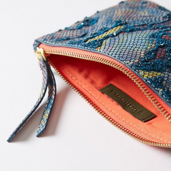 Sale! Anthropologie Sequined Snake-Printed Clutch, Blue, yellow, peach combo - Picture 7 of 8